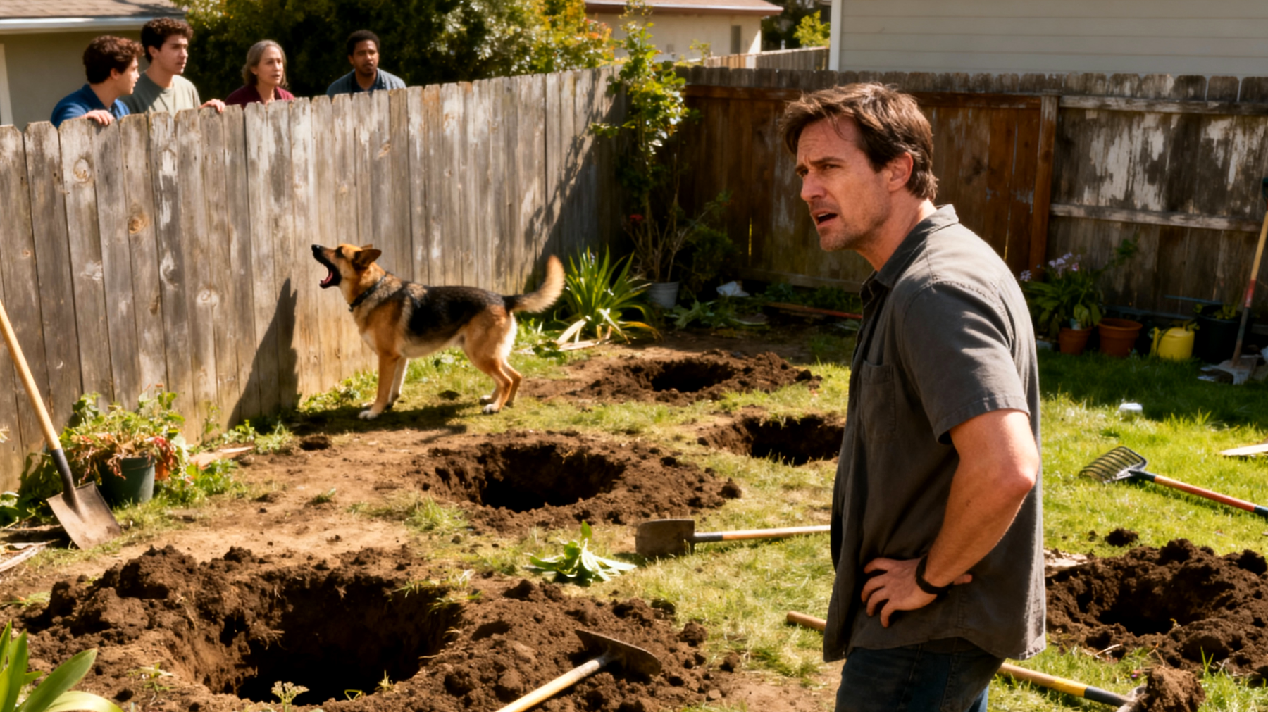 Der Hund zeigt unerwünschtes Verhalten im Garten wie übermäßiges Graben, Bellen bei Nachbarn oder das Ignorieren von Rückrufkommandos, was das Training im Außenbereich erschwert und zu Konflikten mit der Nachbarschaft führen kann"