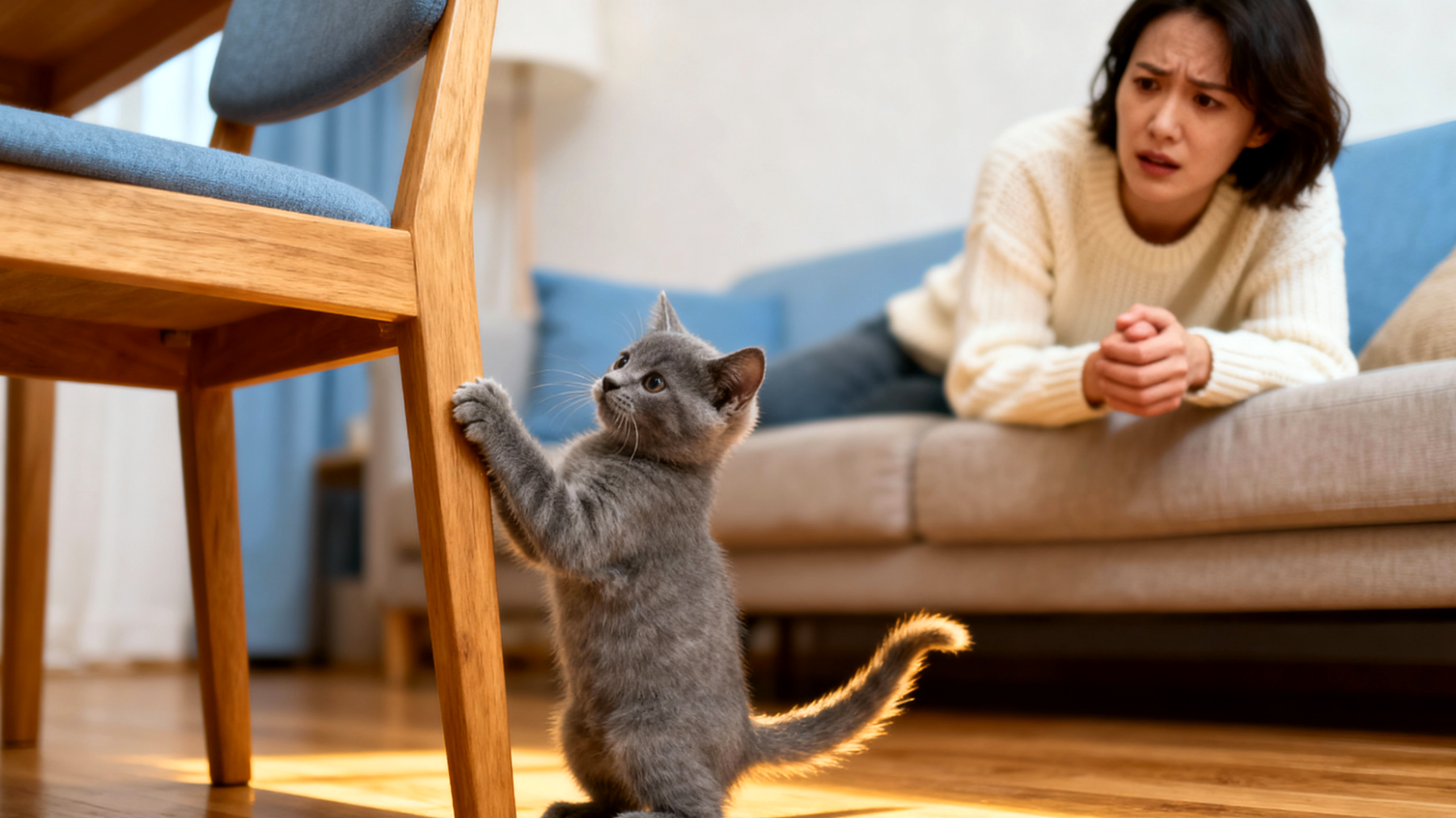 Ein Katzenwelpe zeigt unerwünschtes Verhalten wie Kratzen an Möbeln, Beißen beim Spielen und ignoriert grundlegende Kommandos - es benötigt altersgerechte Trainingsmethoden und Verhaltensübungen, um positive Gewohnheiten zu entwickeln"