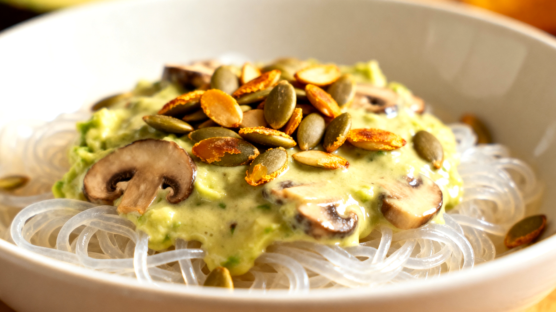 Konjac-Nudeln mit Pilz-Avocado-Creme und gerösteten Kürbiskernen"