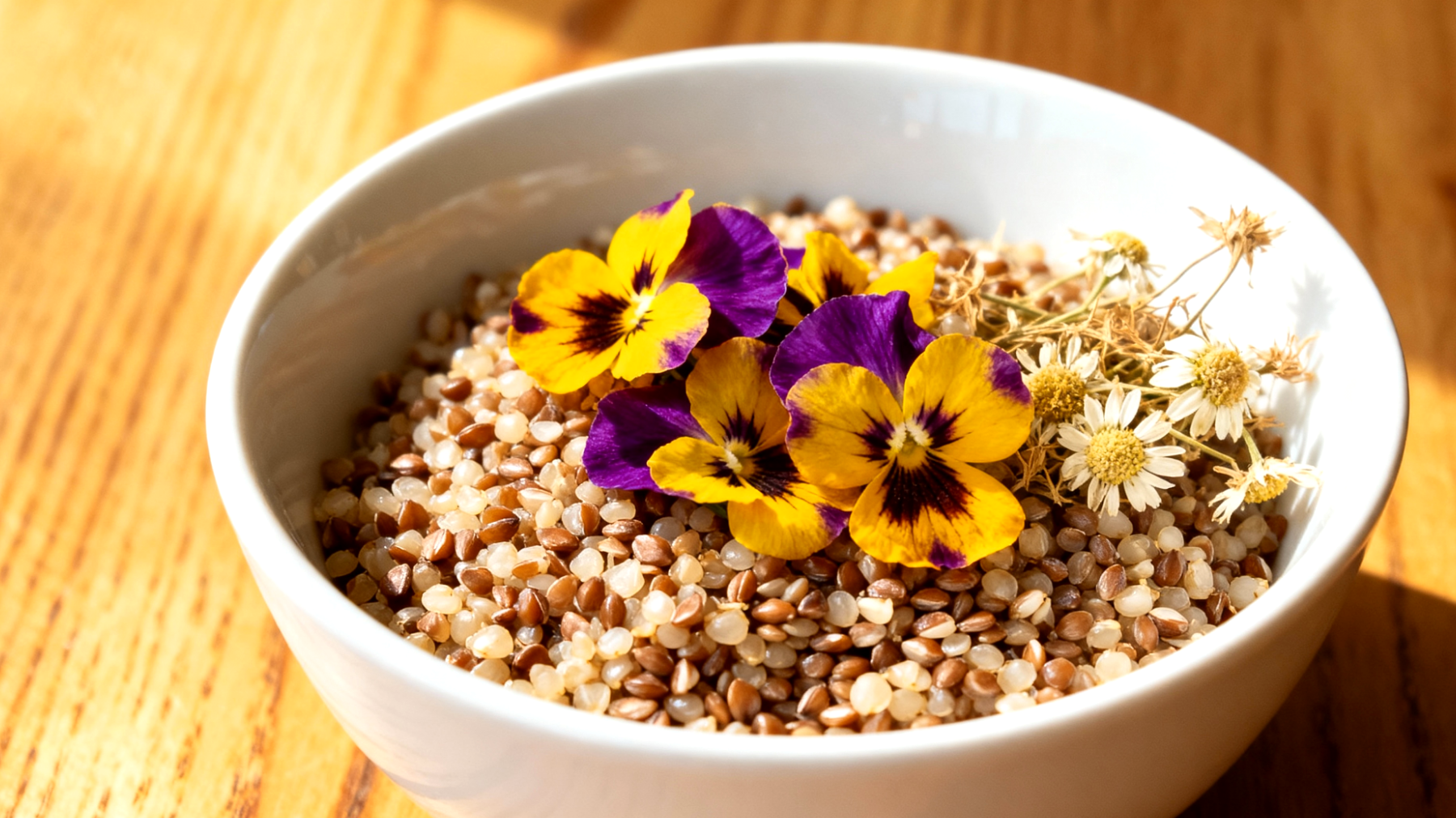 Quinoa-Buchweizen-Bowl mit Passionsblume und Kamille"